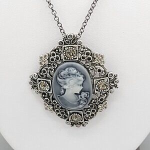 Silver Tone Cameo Necklace Intricate Filigree Rhinestone Crystal Accents 24 Inch